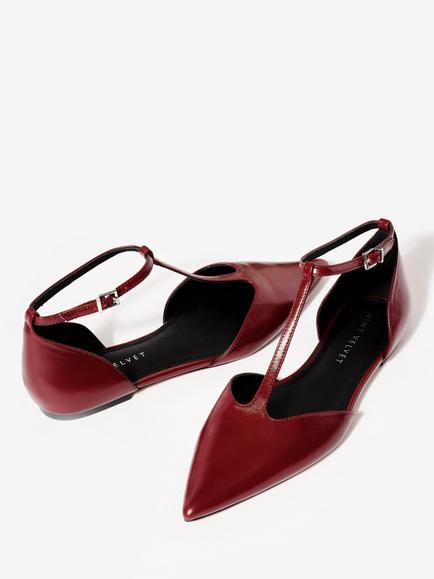 Mint Velvet Lila Leather T-Bar Flats, Burgundy - view 2, Burgundy