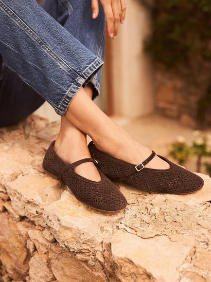 Mint Velvet Tabi Suede Cut Out  Ballerina Pumps, Brown - view 2, Brown
