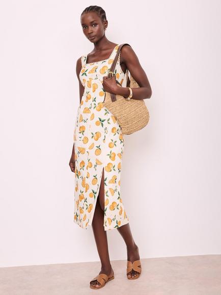 Mint Velvet Orange Print Linen Blend Column Dress, Natural, Natural