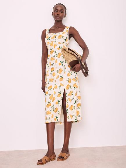 Mint Velvet Orange Print Linen Blend Column Dress, Natural - view 2, Natural