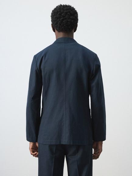 Mango Linen Slim Fit Tailored Blazer, Navy - view 2, Navy