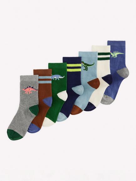 Mini Boden Kids' Ribbed Socks, Pack of 7, Dinos, Dinos