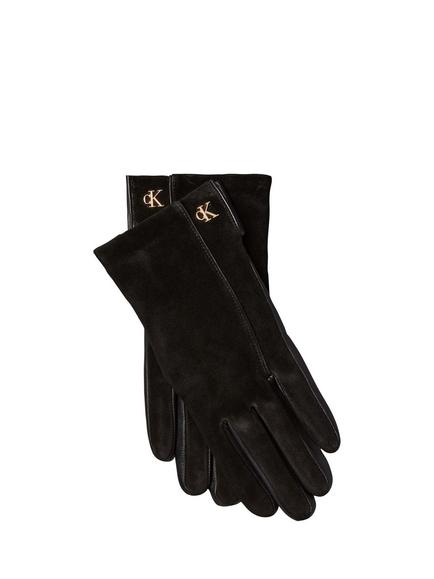 Calvin Klein Metal CK Suede and Leather Touchscreen Gloves, Black, Black