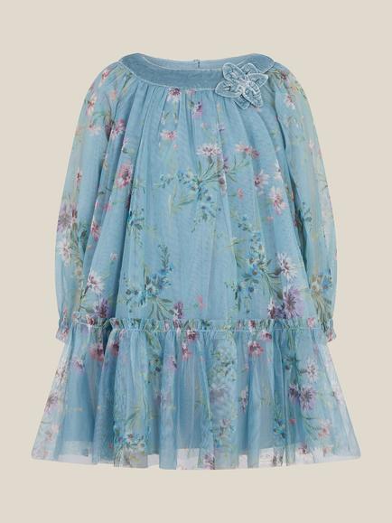 Monsoon Baby Long Sleeve Floral Mesh Dress, Teal, Teal