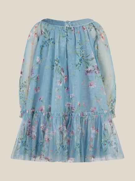 Monsoon Baby Long Sleeve Floral Mesh Dress, Teal - view 2, Teal