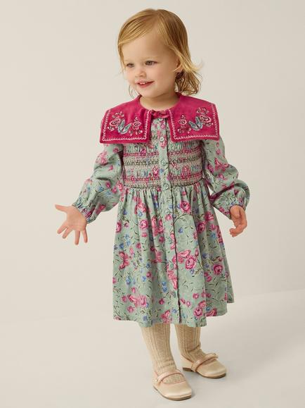 Monsoon Baby Floral Velvet Dress, Green, Green
