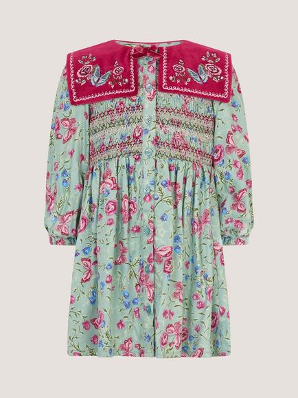 Monsoon Baby Floral Velvet Dress, Green - view 2, Green