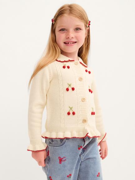 Monsoon Kids' Cherry Embroidered Cable Knit Cardigan, Ivory, Ivory