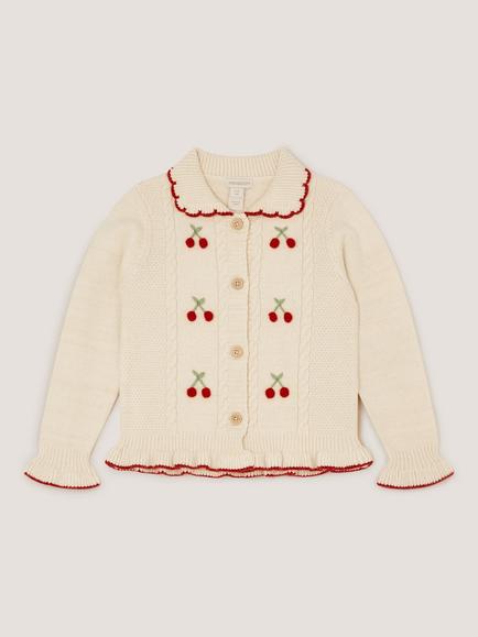 Monsoon Kids' Cherry Embroidered Cable Knit Cardigan, Ivory - view 2, Ivory