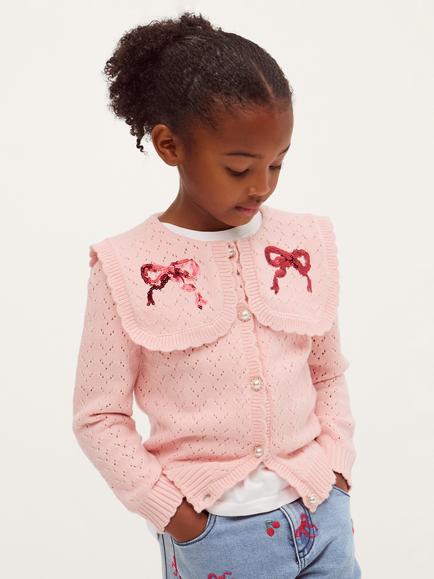 Monsoon Kids' Sequin Bow Cardigan, Pink, Pink