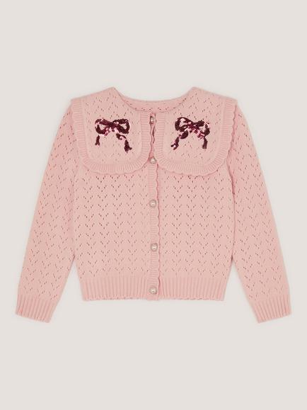 Monsoon Kids' Sequin Bow Cardigan, Pink - view 2, Pink