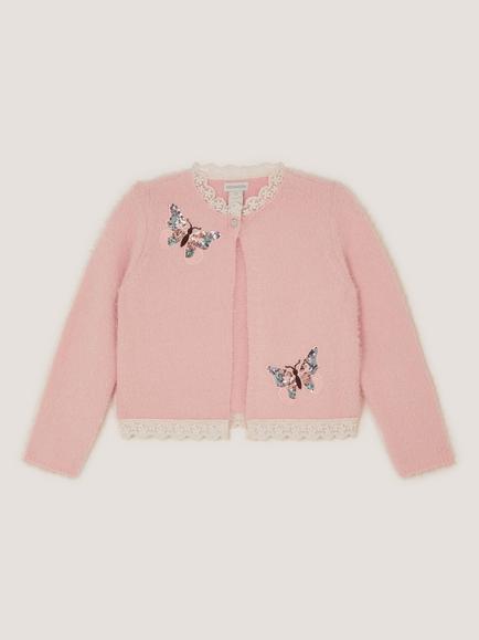 Monsoon Kids' Fluffy Sequin Butterfly Cardigan, Pink, Pink