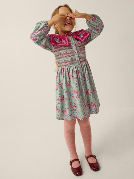 Monsoon Kids' Floral Velvet Dress, Green, Green