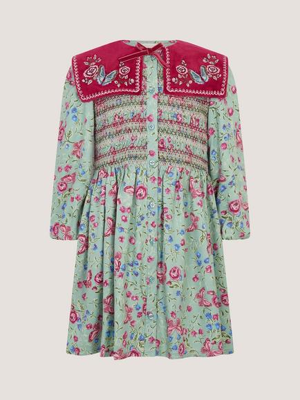 Monsoon Kids' Floral Velvet Dress, Green - view 2, Green