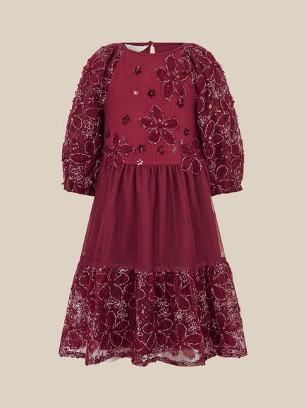 Monsoon Kids' Long Sleeve Cotton Mesh Dress, Burgundy, Burgundy