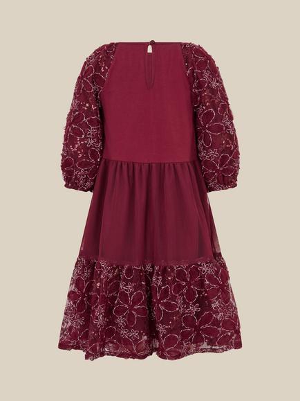 Monsoon Kids' Long Sleeve Cotton Mesh Dress, Burgundy - view 2, Burgundy