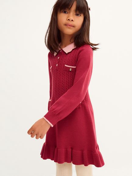 Monsoon Kids' Scallop Knit Dress, Burgundy, Burgundy