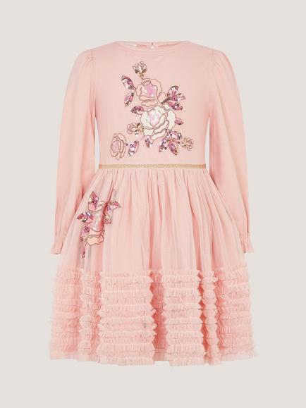 Monsoon Kids' Sequin Ruffle Disco Dress, Pink - view 2, Pink
