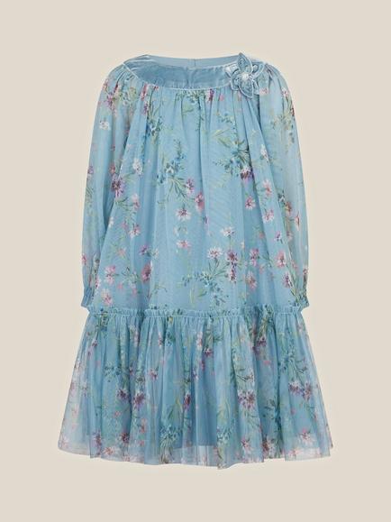 Monsoon Kids' Naina Floral Mesh Party Dress, Teal - view 2, Teal