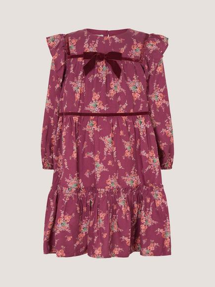 Monsoon Kids' Long Sleeve Velvet Trim Tiered Dress, Burgundy, Burgundy