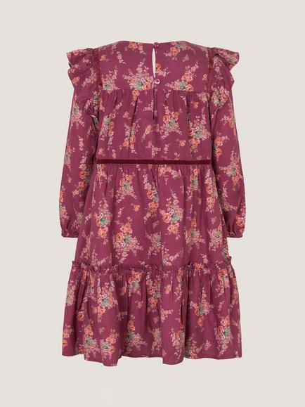 Monsoon Kids' Long Sleeve Velvet Trim Tiered Dress, Burgundy - view 2, Burgundy