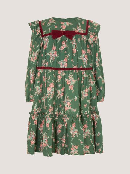 Monsoon Kids' Long Sleeve Velvet Trim Tiered Dress, Green, Green
