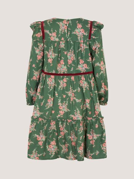 Monsoon Kids' Long Sleeve Velvet Trim Tiered Dress, Green - view 2, Green