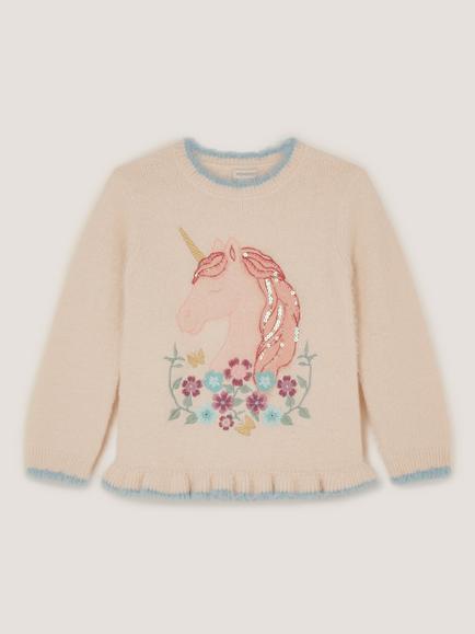 Monsoon Kids' Fluffy Embroidered Sequin Unicorn Jumper, Ivory, Ivory