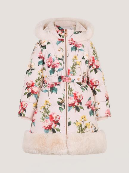 Monsoon Kids' Botanical Quilted Faux-Fur Coat, Cream, Cream
