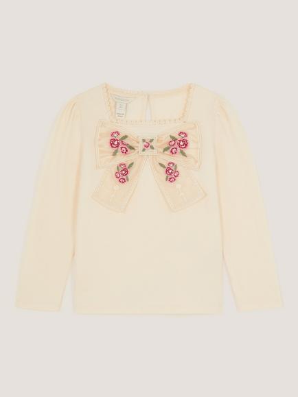 Monsoon Kids' Square Neck Organza Bow T-Shirt, Cream, Cream