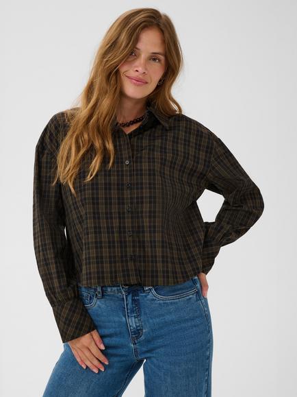 KAFFE Kahelie Long Sleeve Checked Cropped Blouse, Black/Brown, Black/Brown