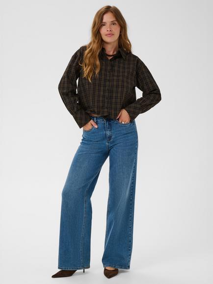 KAFFE Kahelie Long Sleeve Checked Cropped Blouse, Black/Brown - view 2, Black/Brown