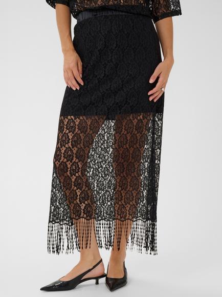 KAFFE Gwyneth Sheer Lace Fringe Hem Skirt, Black Deep, Black Deep