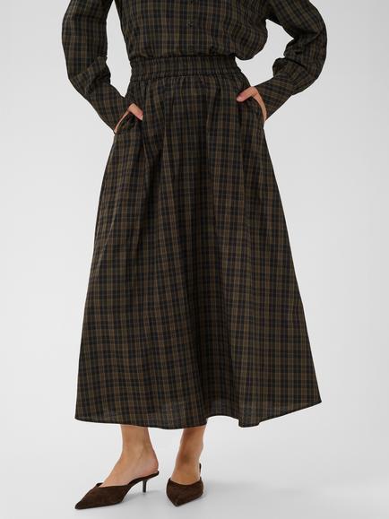 KAFFE Kahelie Flared Check Skirt, Black/Brown, Black/Brown