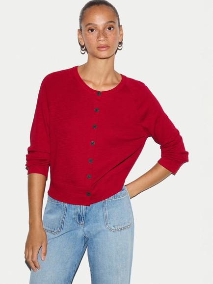 Jigsaw Cotton Luxe Crew Cardigan, Red, Red