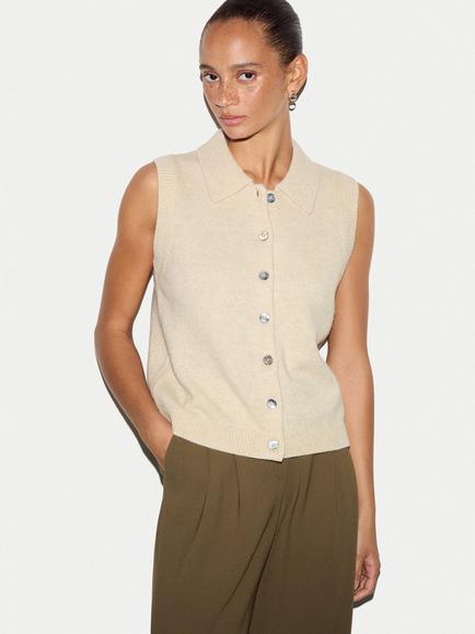 Jigsaw Compact Wool Rich Collared Waistcoat, Cream, Cream