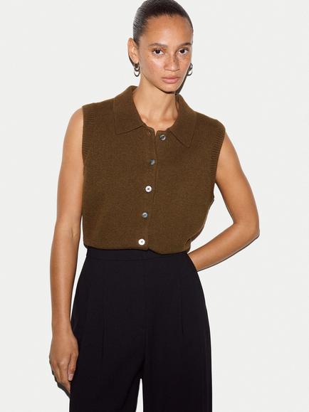 Jigsaw Compact Wool Blend Collar Waistcoat, Khaki, Khaki