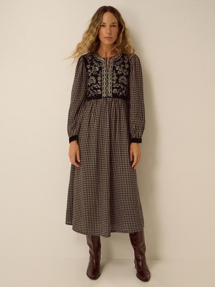 Monsoon Elise Embroidered Check Print Midi Dress, Black, Black