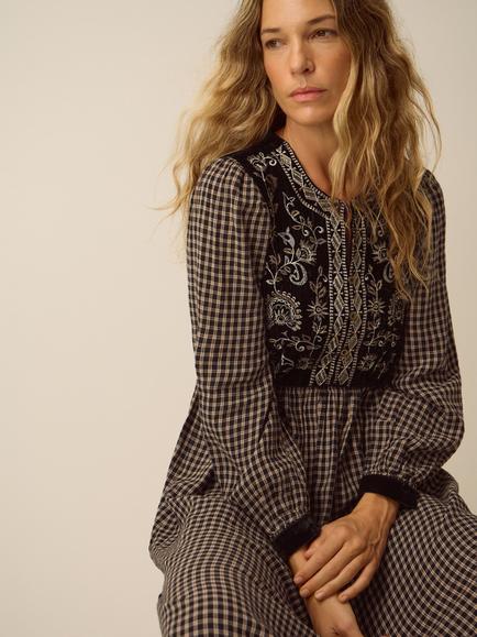 Monsoon Elise Embroidered Check Print Midi Dress, Black - view 2, Black