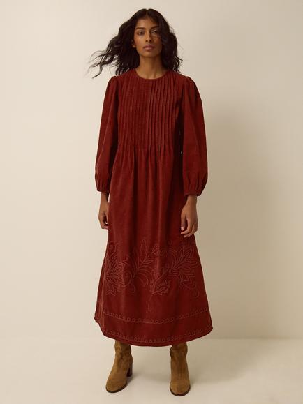 Monsoon Joyce Embroidered Cord Dress, Cognac, Cognac