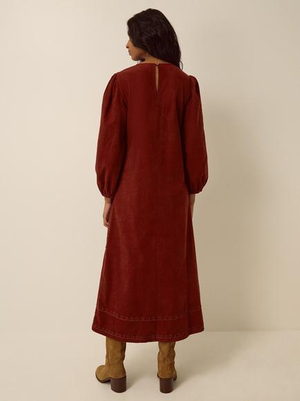 Monsoon Joyce Embroidered Cord Dress, Cognac - view 2, Cognac