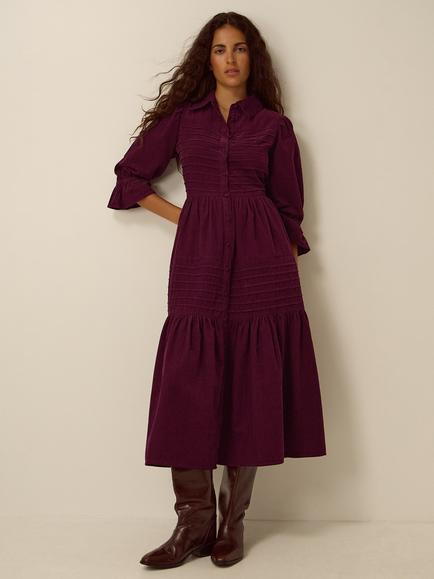 Monsoon Winnie Corduroy Midi Shirt Dress, Burgundy, Burgundy