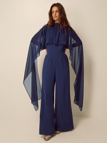 Monsoon Valerie Cape Wide Leg Jumpsuit, Navy, Navy