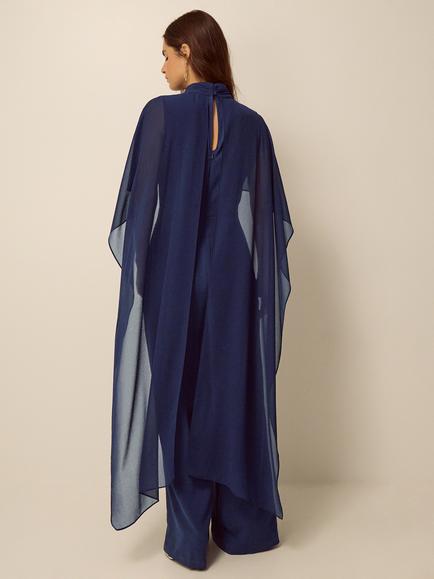 Monsoon Valerie Cape Wide Leg Jumpsuit, Navy - view 2, Navy