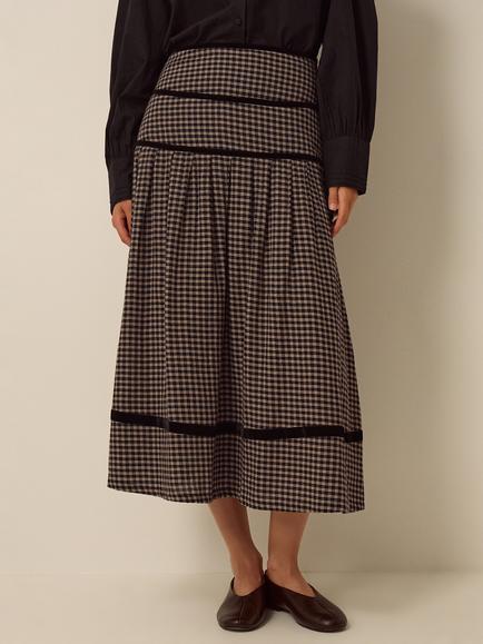 Monsoon Elise Cotton Check Midi Skirt, Black, Black