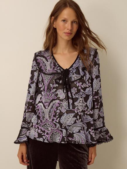 Monsoon Claudia Paisley V-Neck Blouse, Black, Black