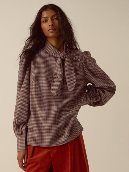 Monsoon Myla Tie Neck Gingham Top, Brown, Brown