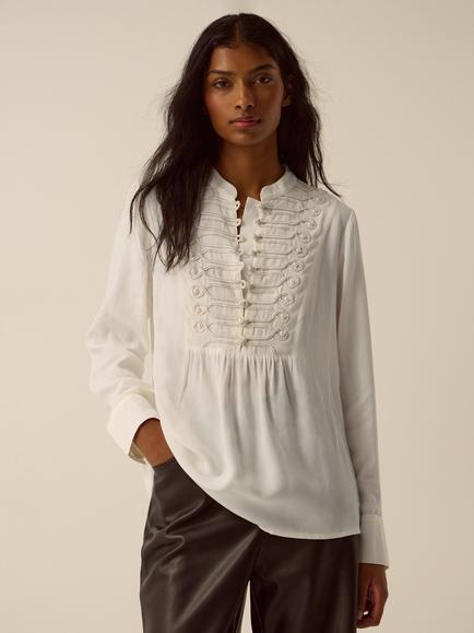 Monsoon Pippa Long Sleeve Military Top, Ivory, Ivory