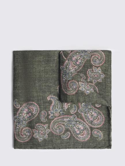 Moss Paisley Wool Pocket Square, Khaki Green/Pink