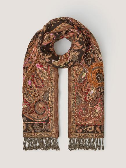 Monsoon Ingrid Embroidered Paisley Print Scarf, Chocolate/Multi, Chocolate/Multi